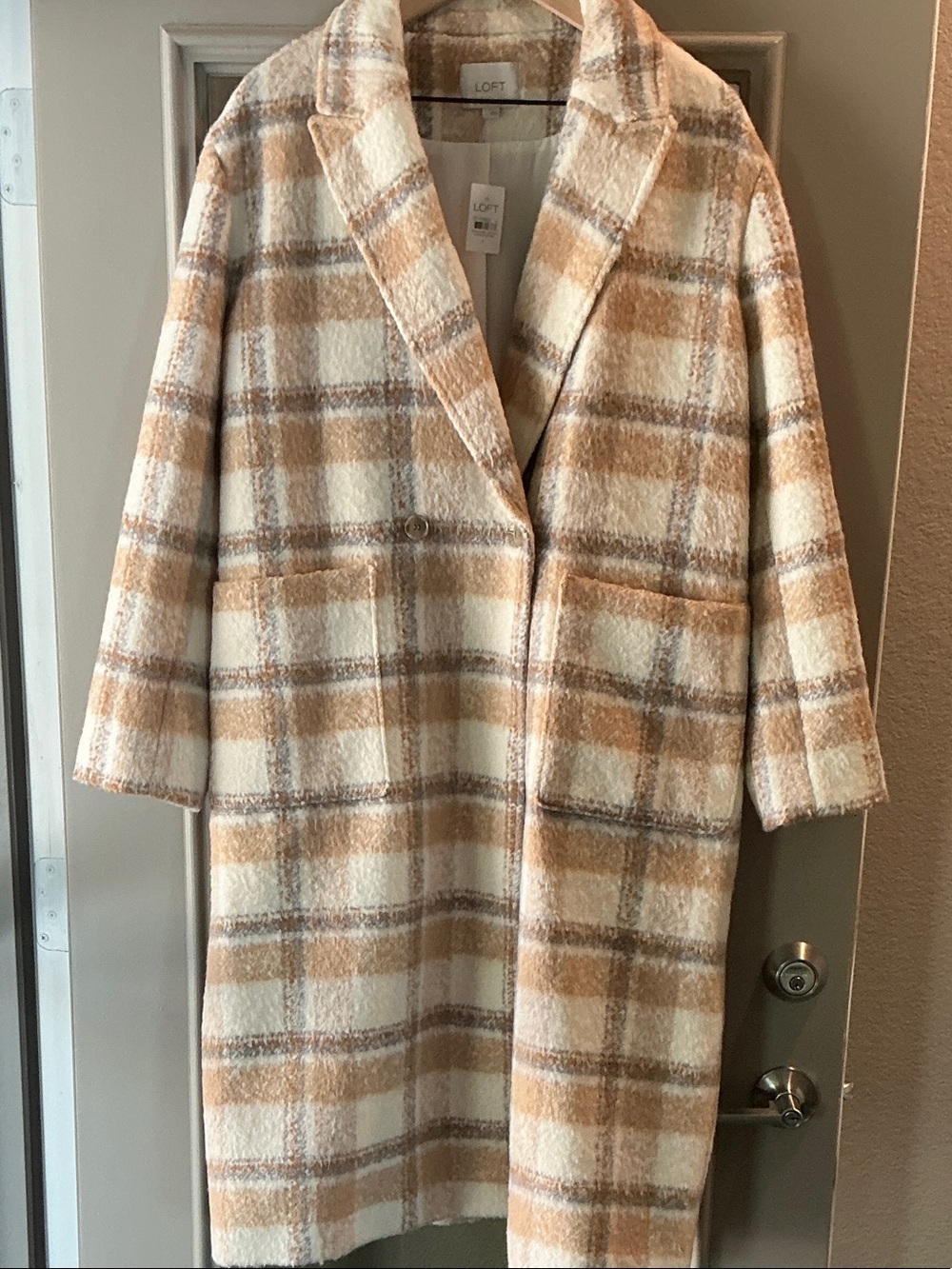 LOFT Plaid Long Coat in Cream and Tan Check
